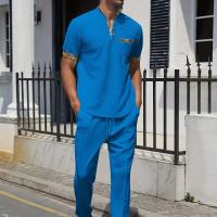 Conjunto de trajes para hombre, Polo tipo gofre + Pantalones con bolsillo, Tops de manga corta con cuello levantado, Color sólido, verano 2025 - details 3