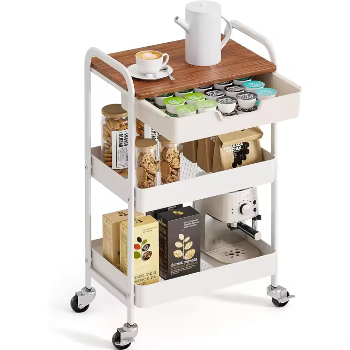 Carro de Cocina de 3 Niveles Carrito Auxiliar con Ruedas Carrito Velador con Asa y Cajones - 1