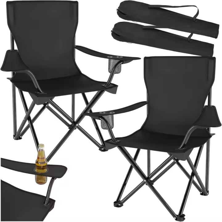 Sillas Plegables de Acero para Camping Resistentes, Soporte para Bebida, Uso Exterior, Terraza y Picnic Negro - 1
