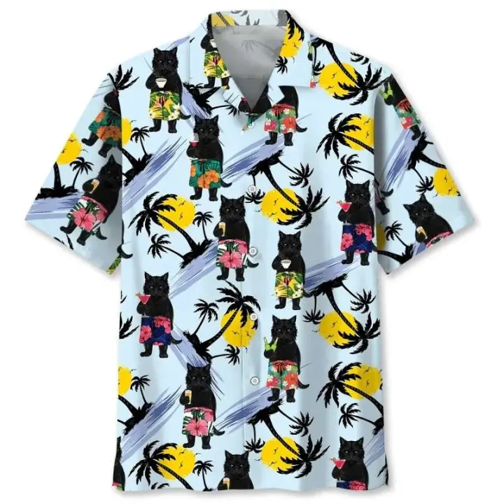 Camisa hawaiana, totalmente estampada con animales e estampados, girasol, hermoso gato de manga corta para surfear en la playa, camisa de hombre - 1