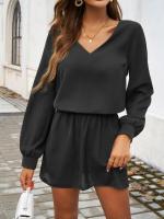 Minivestido informal de manga larga con cuello en V para mujer, color sólido, 2025 - details 4