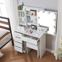 Tocador De Maquillaje con Espejo y 10 Bombillas Led Luz Regulable, Tocador Blanco con Brillo Ajustable, Tocador De Dormitorio con Taburete 6 Cajones, 3 Estantes y 3 Estantes Ocultos - details 8