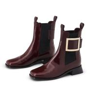 Botas de cuero y tobillo impermeables con punta cuadrada y hebilla de metal para mujer - details 3