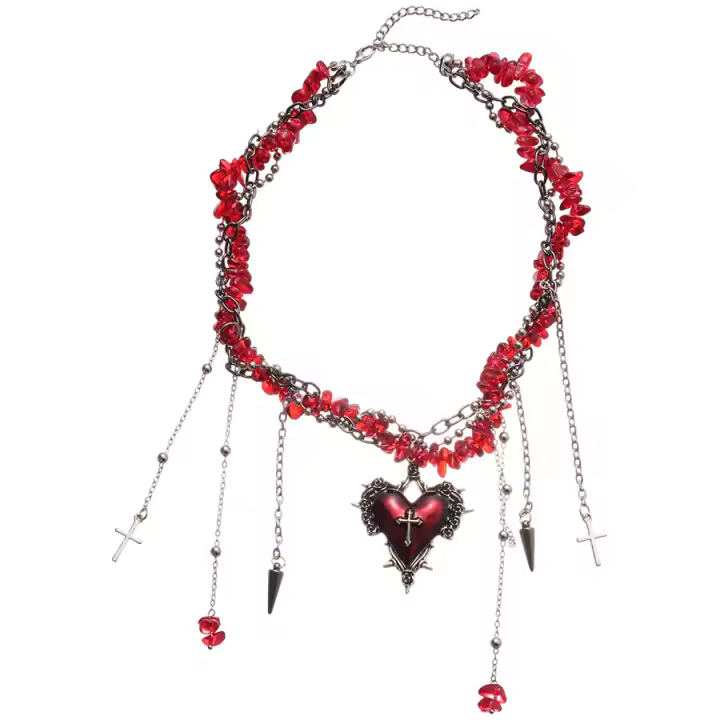Collar con Colgante de Corazón Rojo y Cruzes - Joyería Punk Gótica para Mujer, Diseño Detallado y Duradero - 1