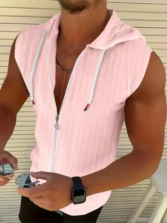 Una nueva moda casual cremallera sin mangas con capucha transpirable cómodo jacquard top de verano Un hombre necesita un top - 1