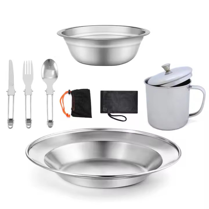 Juego de cubiertos de acero inoxidable para camping, batería de cocina ligera y plegable, equipo de picnic y mochila - 1