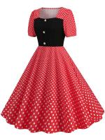 Women summer casual polka dot print short sleeve a line party vintage elegant midi dress - details 2