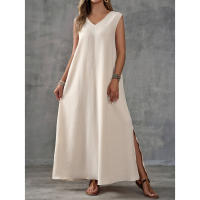 Mono sin mangas con cuello en V y abertura lateral para mujer, vestido largo elegante, verano 2025 - details 4
