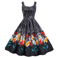 Women vintage spaghetti strap floral print high waist elegant sleeveless a-line party midi dress - details 33