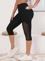 Leggings de ejercicio para mujer con empalme de malla y bolsillos Capri Tummy Tuck de cintura alta para yoga - details 4