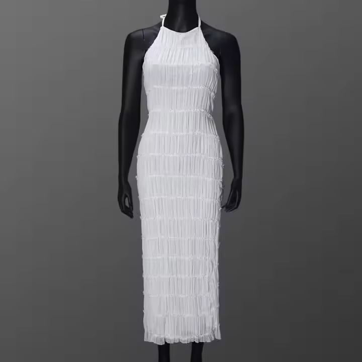 51618 Vestido largo de mujer sin espalda de tela plisada con personalidad nueva y transpirable con lazo de hoja de loto - 1