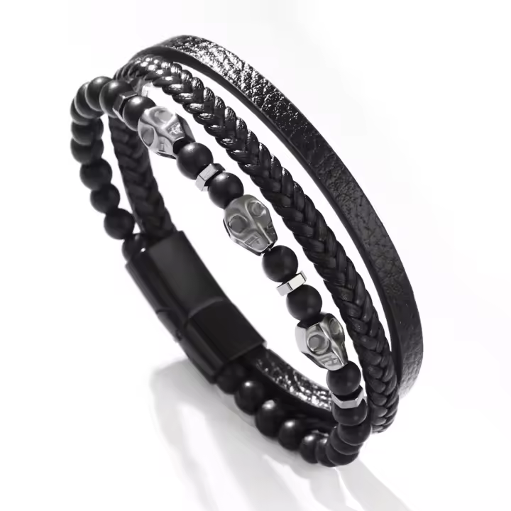 Pulsera de Shungit y Ojo de Tigre Tejida Multinivel Brazalete de Cuero PU con Calavera Retro Gótica - 1