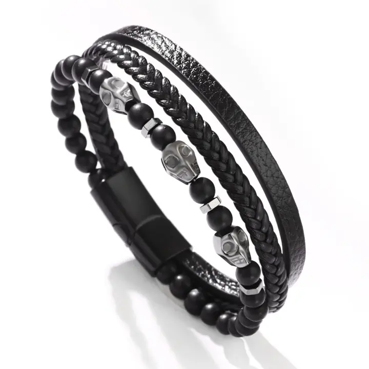 Pulsera de Shungit y Ojo de Tigre Tejida Multinivel Brazalete de Cuero PU con Calavera Retro Gótica - 1