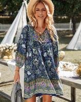 Vestido corto bohemio de manga larga para mujer 2025, vestido casual holgado con cuello en V - details 9