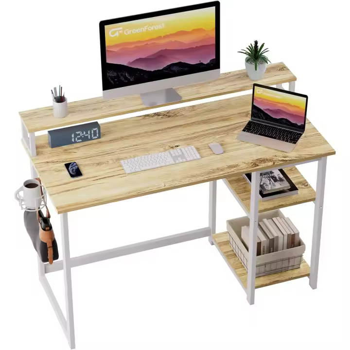 Escritorio de Ordenador con Soporte de Monitor, Escritorio de Oficina con Estantes de Almacenamiento Ajustables, Pequeño Escritorio Reversible para el Estudio, Beige - 1