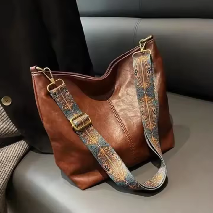 Bolso de hombro Vintage para mujer, bandolera de cuero PU de Color sólido, sencillo, con correa ancha, para ir de compras - 1