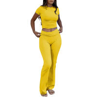 Jersey de cuello redondo, camiseta de manga corta, cintura alta, pantalones acampanados de yoga informales, conjunto deportivo - details 2