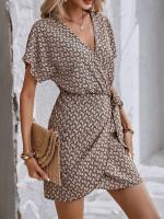 Lazo con cuello en V con elegantes patrones geométricos, adecuado para mujeres, vestido cruzado europeo y americano. - details 2