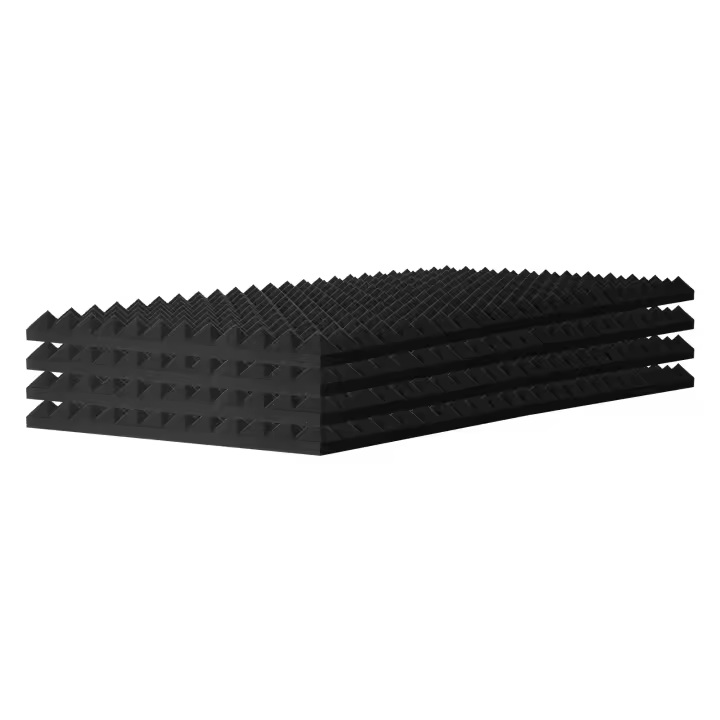 Paneles de espuma acústica SucceBuy, paquete de 4. 48 x 24 x 2 pulgadas. Diseño de pirámide. Resistente al fuego para paredes y techos de estudio. Amortiguación del sonido. Negro - 1