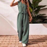 Conjunto casual de lino nuevo para mujer, chaleco con cuello en V, top sin mangas con botones frontales y pantalones largos. - details 3
