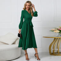Vestidos largos informales para mujer, manga larga con cuello en V, cintura alta, Maxi, Verde - details 4