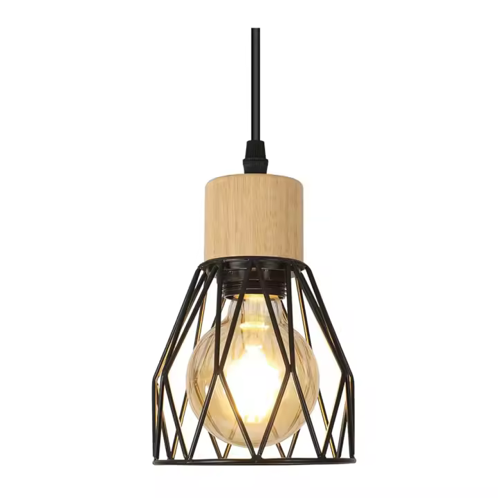 Goeco-Lámpara de Techo Colgante E27, Luz de Techo Vintage Industrial en Madera, Diseño de Jaula de Metal, Negro (Sin Bombilla) - 1