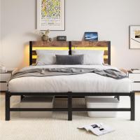 Marco de cama doble con estación de carga y luces LED, plataforma de metal resistente, marco de cama doble de 135 x 190 cm con cabecero de madera con almacenamiento, no necesita - details 18
