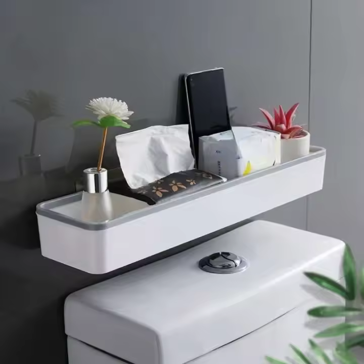 Armario de iluminación para baño, montado en la pared, dispositivo multifuncional no perforado, organizador de soporte para inodoro - 1
