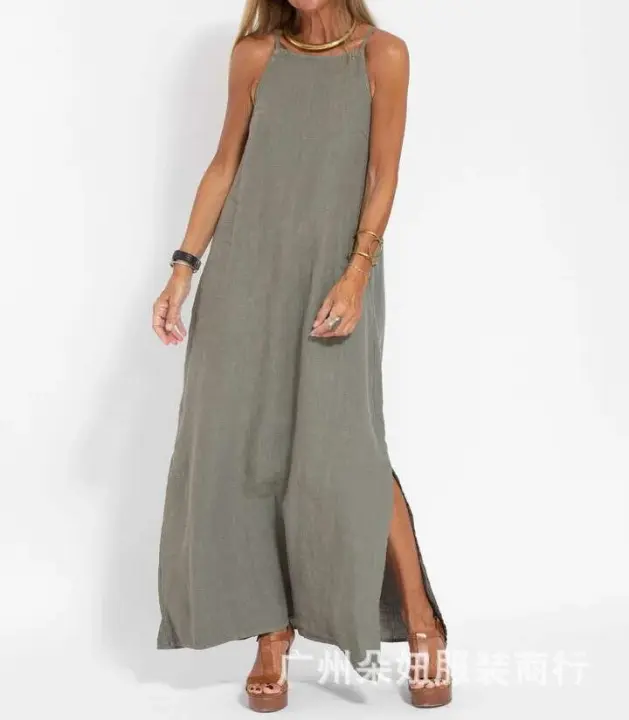Vestido largo blanco informal bohemio Maxi de verano para mujer, elegante vestido negro con tirantes finos para fiesta en la playa, vestido largo básico con tirantes divididos - 1