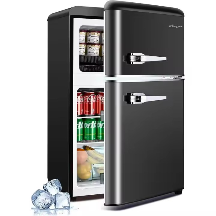 Refrigerador Anypro de 3.2 pies cúbicos, refrigerador retro de doble puerta con congelador, 7 configuraciones de temperatura ajustables, láminas de vidrio extraíbles - 1