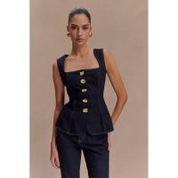 Conjunto de pantalones y top de mezclilla con cintura con botones de estilo moderno a la moda para mujer 30857 - details 1