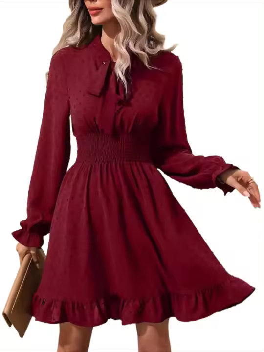 Vestido Midi de manga larga con cuello en V para mujer, elegante y bonito, a la moda, Color sólido, de lujo - 1