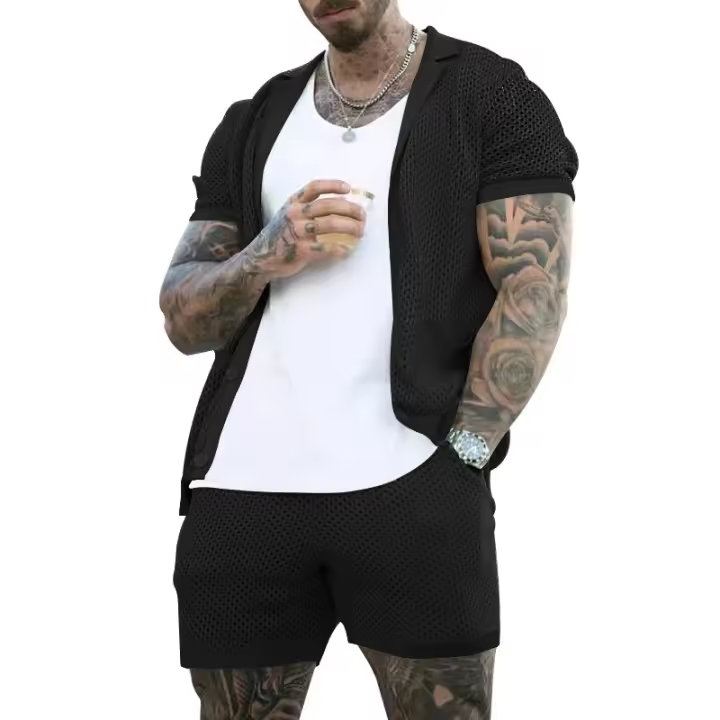 Traje de verano para hombre, camiseta informal de punto con solapa, traje de manga corta, conjunto completo para hombre - 1
