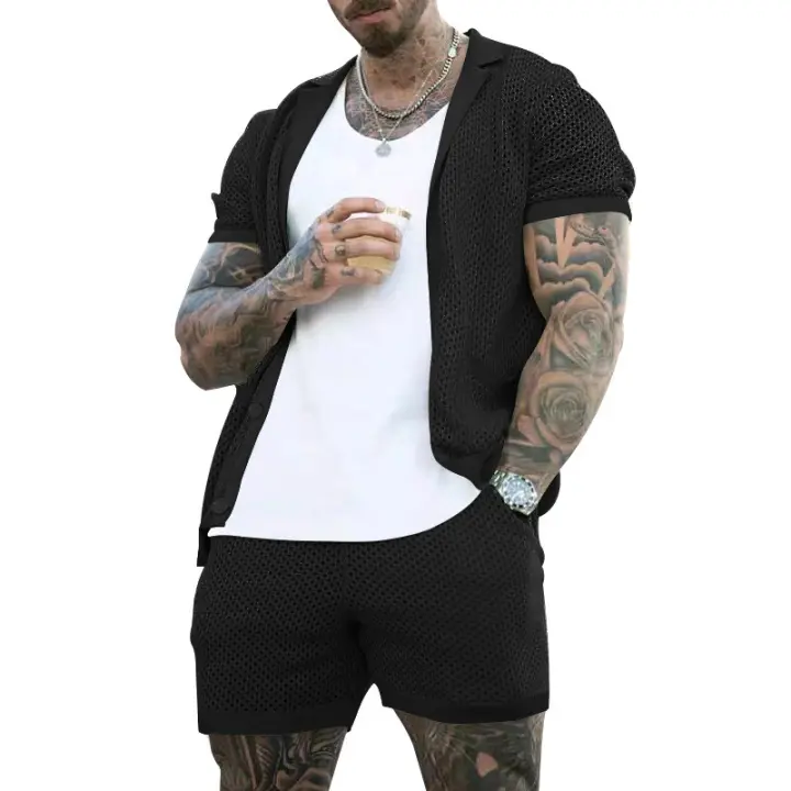 Traje de verano para hombre, camiseta informal de punto con solapa, traje de manga corta, conjunto completo para hombre - 1