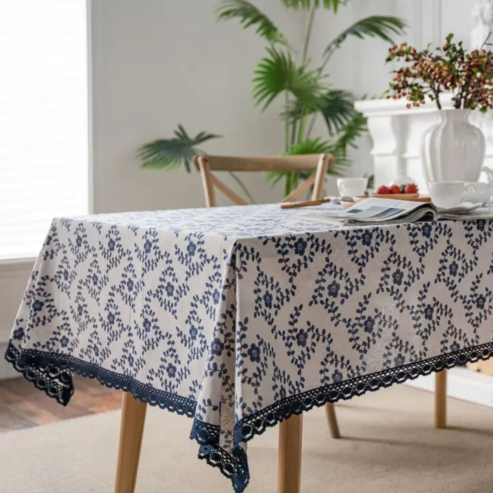 Mantel de lino y algodón con estampado de rosas románticas, cubierta de mesa más gruesa de estilo Pastoral, decoración de mesa azul, tela para cocina - 1