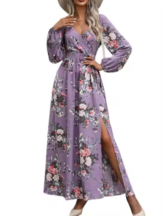 Vestidos elegantes de moda con cuello en V y manga larga divididos para mujer primavera otoño nuevo en vestido largo estético con flores para mujer caliente - 1