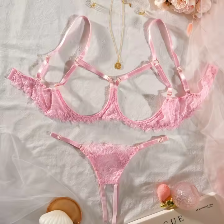 Conjunto de lencería erótica de encaje floral, sujetador de busto abierto y tanga de entrepierna abierta, ropa sexy para mujer - 1