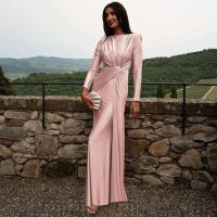 Vestido Formal Ocn para mujer, elegante vestido gris con cuello redondo y manga larga con pliegues y cintura alta, vestido de fiesta de noche - details 7