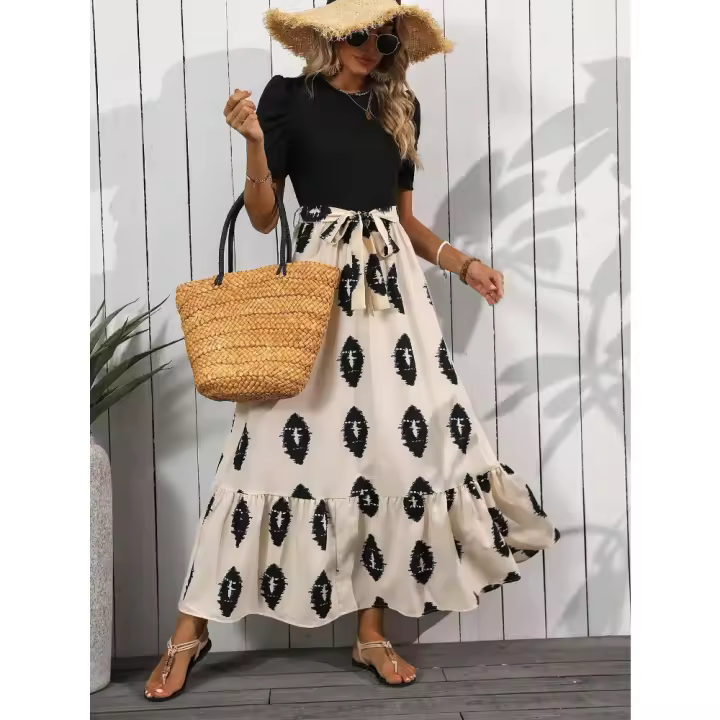 "2025 Vestido Mujer Elegante Estampado Geométrico Moderno Mangas Globos + Volantes Cuello Redondo Tendencias Verano España " - 1