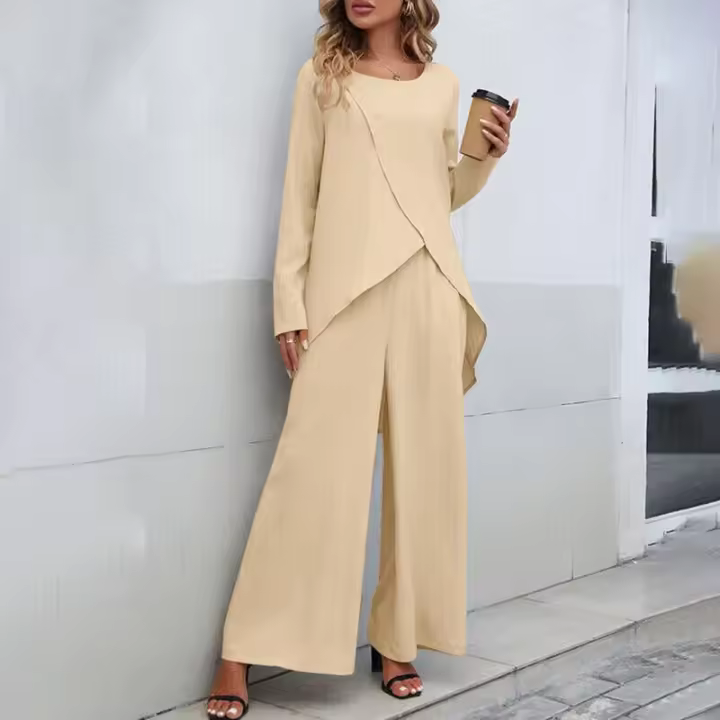 Conjunto de dos piezas de pantalones anchos de pierna larga de manga larga irregular de talla grande cruzados casuales de moda para mujer nueva - 1