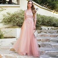 Vestidos de noche Escote redondo en gasa, elegantes apliques de tul de media manga para fiesta formal, hasta el suelo, sin espalda con - details 1