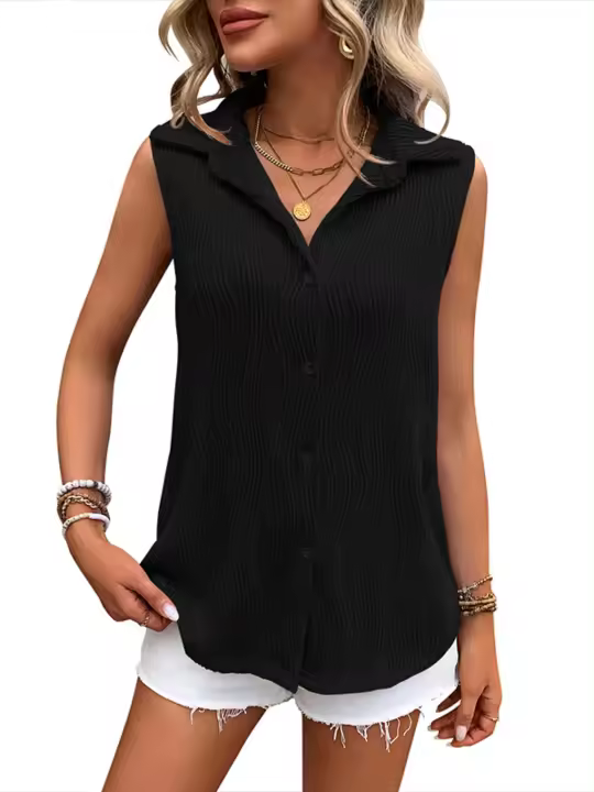 Camisa y blusa de verano sin mangas con botones sueltos de Color sólido para mujer, Tops femeninos 2024 - 1