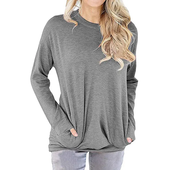 La manga larga vendedora caliente del murciélago del cuello redondo flojo del color sólido de los tops del bolsillo de las mujeres para las mujeres - 1