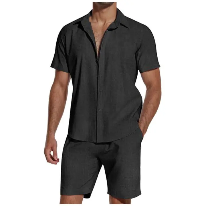 Traje de verano para hombre, conjunto de 2 piezas, camisa de manga corta y pantalones cortos, traje de playa - 1