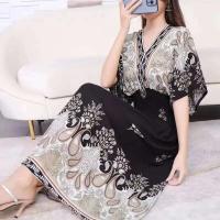 Casual bohemio estilo nacional con cuello en V cintura elástica gran Swing impreso verano Falda larga mujer vestido ropa - details 46