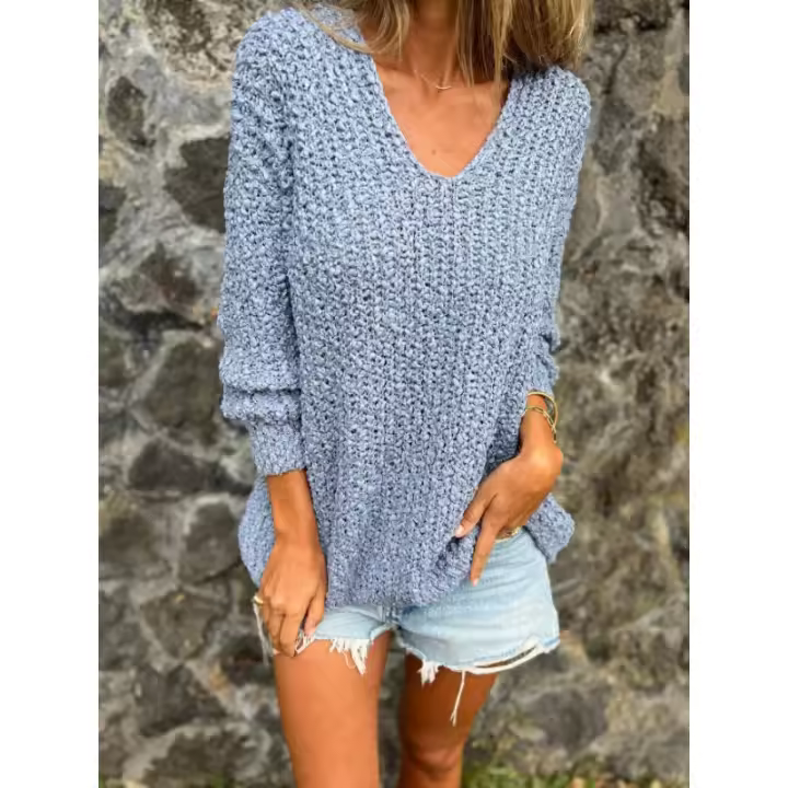Jersey de mujer con cuello en V, top de punto informal - 1