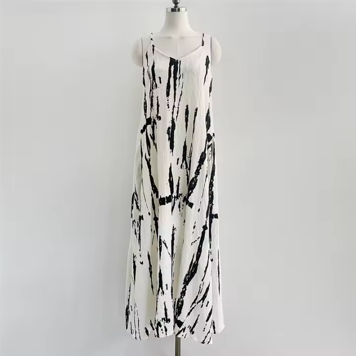 BGTEEVER-Vestido largo recto sin mangas para mujer, prenda holgada con cuello en V, estampado, tirantes finos, elegante, primavera y verano - 1