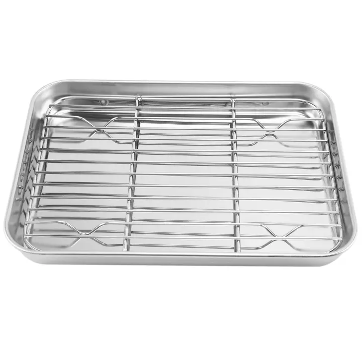 Juego de bandeja y estante para horno tostador de 9 pulgadas, sartén pequeña de acero inoxidable con estante de refrigeración, hoja para hornear apta para lavavajillas - 1