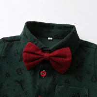 Ropa para niños Conjunto de camisa de manga larga para niños Corbata de moño Cárdigan estampado Traje de Navidad Vestido con tirantes - details 6
