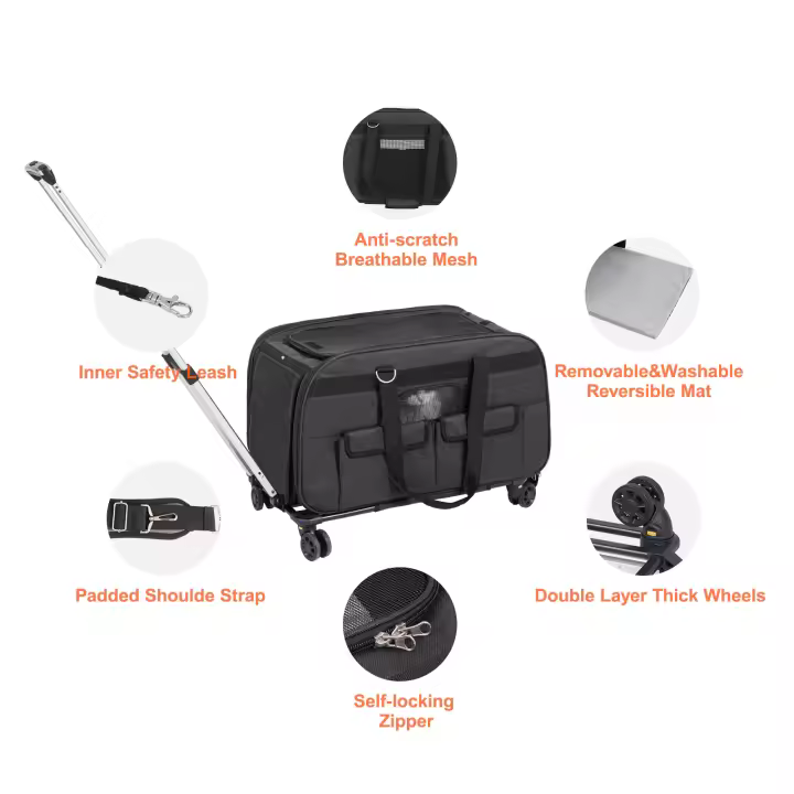 SucceBuy Transportín para gatos con ruedas, asa telescópica y correa para el hombro, transportín para perros para mascotas de hasta 35 libras, incluye 1 cuenco plegable, negro - 1